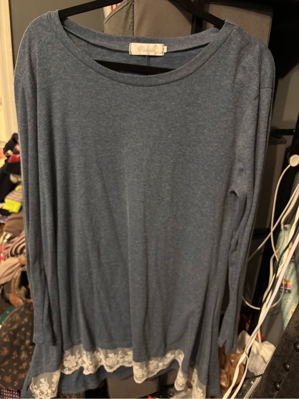 Blue Long-Sleeve Lace Hem Women's SweaterL/XL